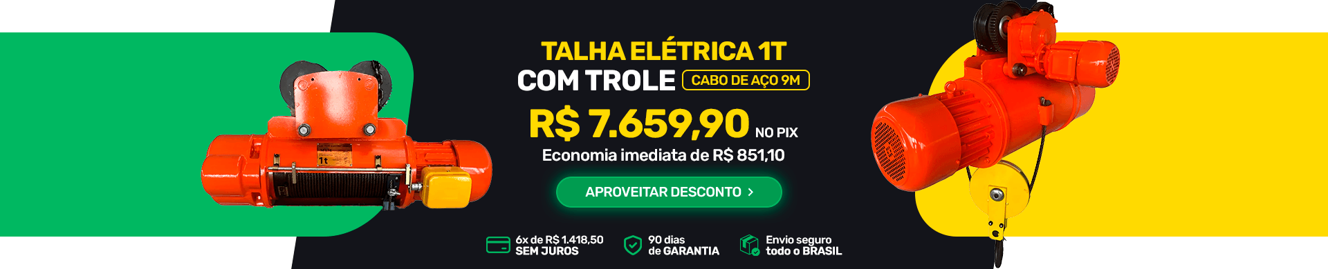 Talha Elétrica Trole 1000kg Cabo Aço 9m 220/380v
